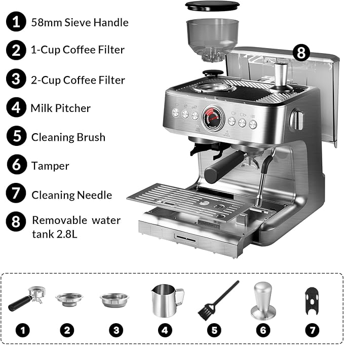IDEALHOUSE Espresso Machine Stainless Steel Coffee Machine with Built-in Grinder 20 Bar Pressure Espresso Coffee Maker for Home Milk Frother Steam Wand Silver