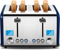 Roter Mond Countdown Stainless Steel 4 Slice Toaster with Bagel Defrost Cancel Function Dual Toaster Extra Wide Slots 6 Shade Settings Removable Crumb Trays 1650W Blue