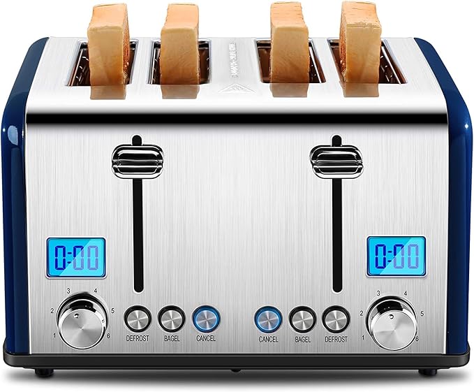 Roter Mond Countdown Stainless Steel 4 Slice Toaster with Bagel Defrost Cancel Function Dual Toaster Extra Wide Slots 6 Shade Settings Removable Crumb Trays 1650W Blue