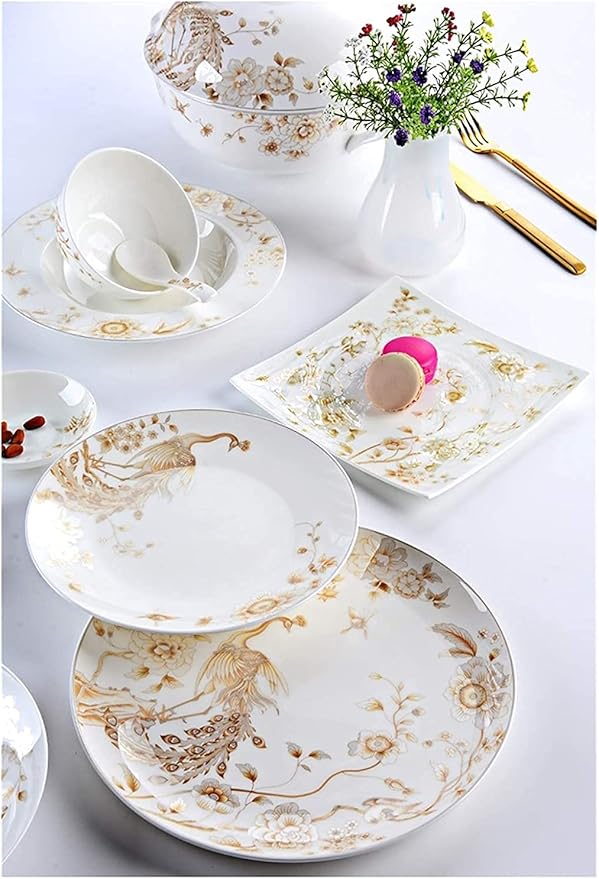 50-Piece White &amp Gold Bone China Dinnerware Set Tabletops Embossed Bone White Porcelain Round Dinnerware Service For 10