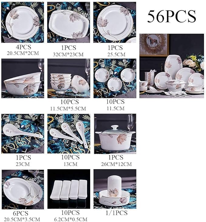 Porcelain Dinnerware Set Line Drawing Petal Decoration Bone China Tableware SetDishes/PlateCeramic DinnerFine China DinnerwareDishwasher Microwave SafeA56 Pieces Serve 10 People