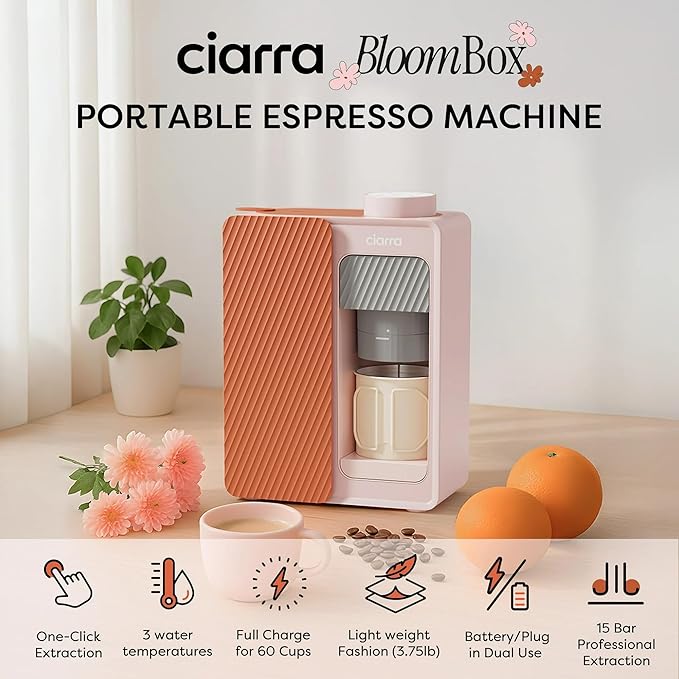 CIARRA Bloombox Compact Espresso Coffee Maker 15 Bar Rich Flavor Brew Espresso Coffee Machine for Travel Camping RV Office Home Easy to use 6.1oz Stainless Steel Water Tank