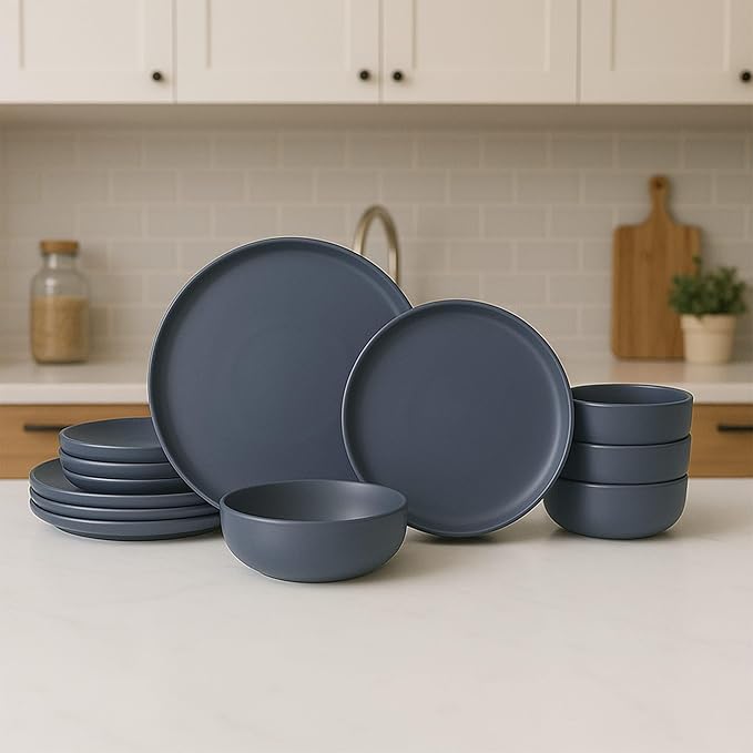 12-Piece Stoneware Dinnerware Set for 4 | Microwave &amp Dishwasher Safe | Non-Toxic Stackable Matte Finish Plates and Bowls | Chip-Resistant Ceramic Dinner Set with Modern Design