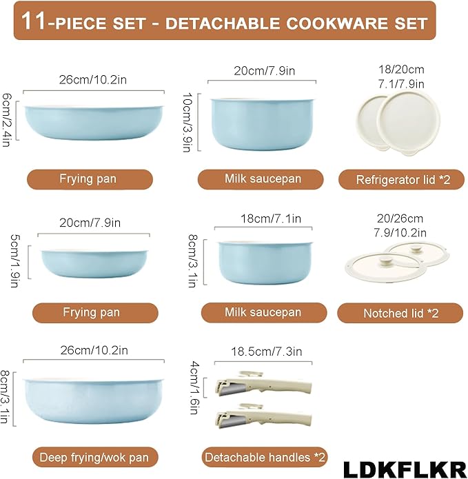 Multi-Piece Detachable Cookware Set Non-Stick Pots and Pans Set with Removable Handles Cooking Set Oven Safe Stackable Universal for All Stoves11PcBlue