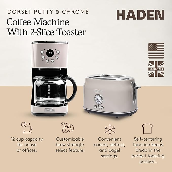 Haden 12 Cup Programmable Drip Coffee Maker Coffee Machine Bundled with Dorset 2 Slice Wide Slot Stainless Steel Toaster Putty &amp Chrome