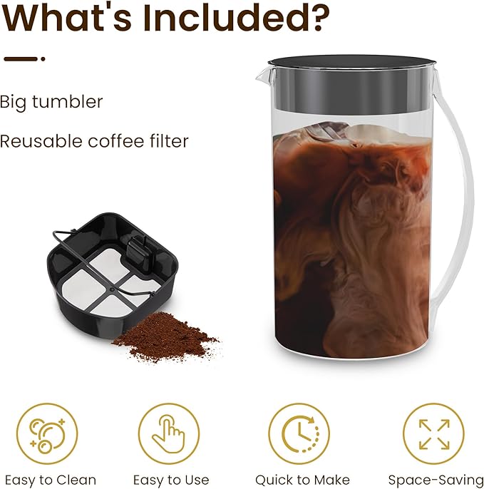 Iced Coffee Tea Maker with Reusable Filter Basket 3 QT Pitcher Iced Tea and Coffee Machine  Tea Makers for Iced Tea Lattes Lemonade and Flavored Water Adjustable Brew Strength Black and Silver