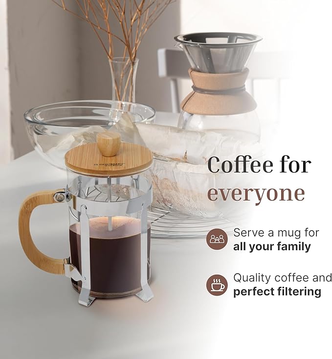 27oz Glass French Press Coffee Maker with Bamboo Wooden Handle Lid and Stainless Steel Frame Manual Coffee and Tea Brewer with 3 Level Filter System