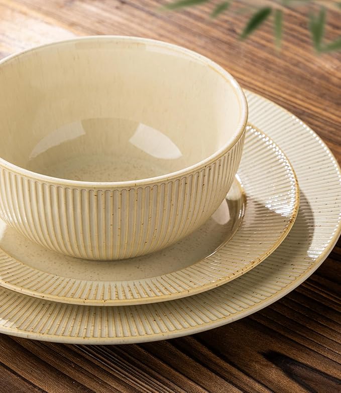 TheTerra Stoneware Dinnerware Sets for 4 12 Pieces Ceramic Plates and Bowls Sets Scratch Resistant Embossed Dish Set Oven Microwave &amp Dishwasher Safe Cappuccino