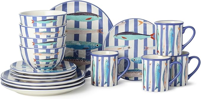 Something Fishy 16-Piece Ceramic DINNERWARE SETSERVICE for 4 Coastal Blue Striped Plates Mugs and Bowls with Artist-Designed Fish Artwork for Beach House Dining and Entertaining