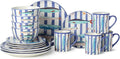 Something Fishy 16-Piece Ceramic DINNERWARE SETSERVICE for 4 Coastal Blue Striped Plates Mugs and Bowls with Artist-Designed Fish Artwork for Beach House Dining and Entertaining