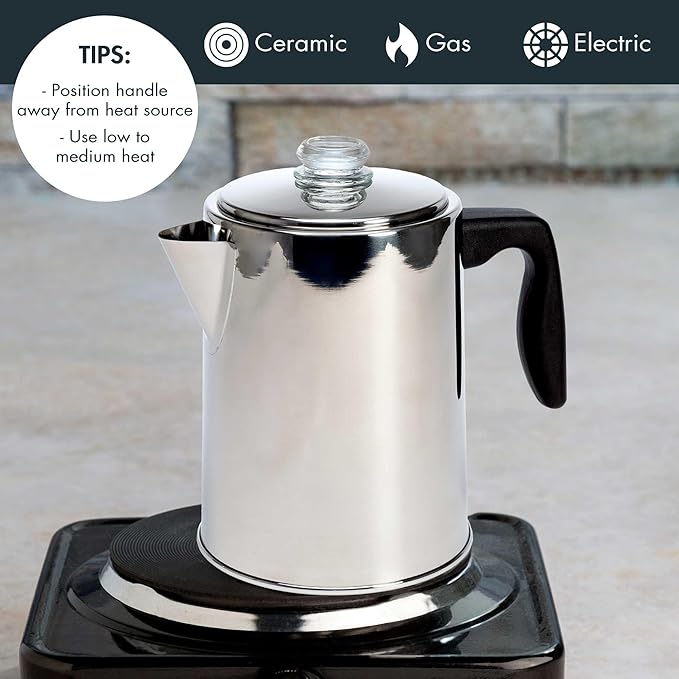 Primula Stovetop Coffee Percolator Premium Stainless Steel Coffee Maker with Reusable Filter Basket Non-Drip Spout Glass Knob Brew Indicator and Heat Resistant Handle Dishwasher Safe 8 Cup