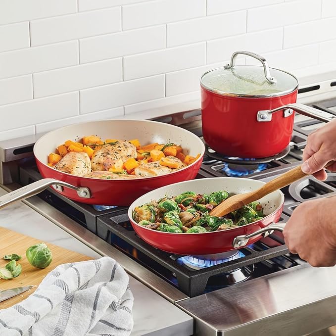 KitchenAid Hard Anodized Ceramic 9-Piece Nonstick Cookware Set – Includes Fry Pans Saucepan Stockpot Durable Even Heating Oven Safe to 500°F Empire Red