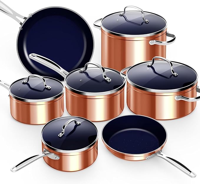 Nuwave 12pc Healthy Pots and Pan Set Non-Stick Forged Lightweight Cookware Set G10 Duralon Ceramic Coating Vented Tempered Glass Lids Induction-Ready &amp Works on All Cooktops PFAS Free