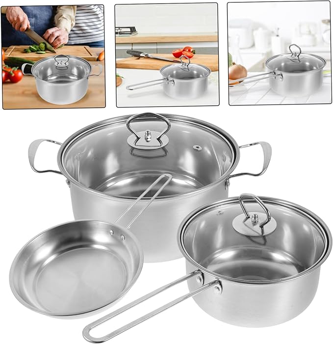 Stainless Steel Cookware Set with Stockpot Frying Pan Milk Pot and Secure Steel Handles for Resistant Kitchen Cooking