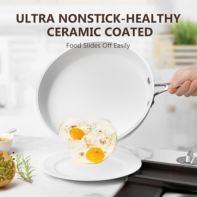 COOKSMARK Nonstick Ceramic Cookware Set Induction &amp Dishwasher Safe Scratch-Resistant Pots and Pans Set with Glass Lids 10 Pieces White