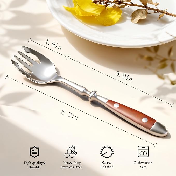 Sporks 8-Pack Stainless Steel Sporks 6.9 Inches Salad Forks and Spoons with Wood Grain Bakelite Handle For Dessert Ice Cream Salad Soup Noodle Spaghetti Dishwasher Safe