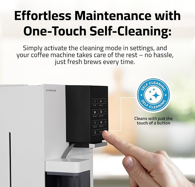 Epsilon Fully Automatic Coffee Machine Modern One Touch Espresso Machine Integrated Milk Frother and Custom Brewing Cafe Maker Compact Countertop Size Self Cleaning Cafetera (White)