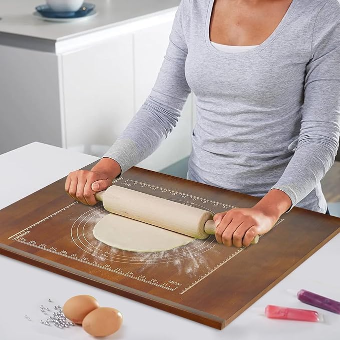 24 x 20 Reversible Wooden Pastry Board Wood Pasta Board with Lip Bread Board Cutting Board Chopping Board Pie Board with Engraved Ruler for Counter Top Kitchen-Brown