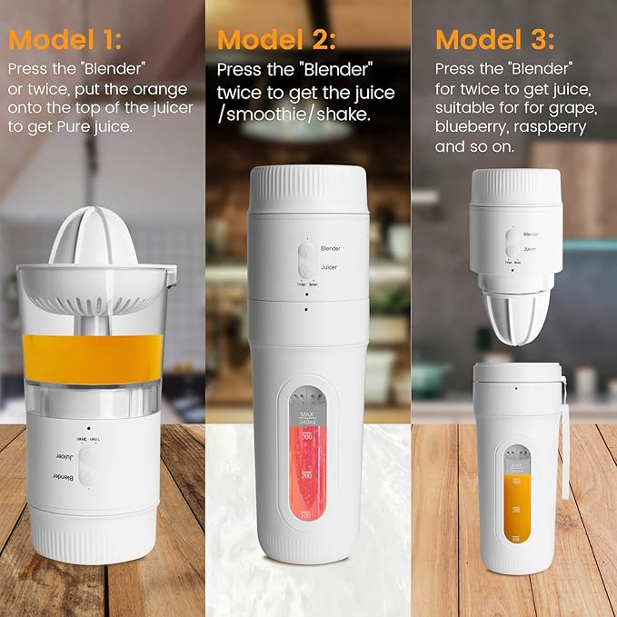 Hakka Portable Blender 3 in 1 Personal Blender for Shakes and Smoothies 12oz Multifunctional Juicer Cup with 4 Blades &amp USB Type-C Rechargeable White