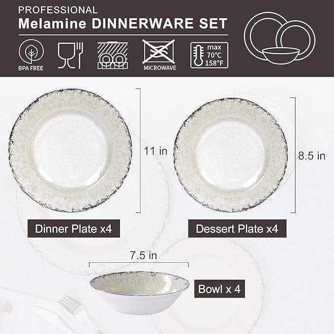 Melamine Dinnerware Set for 4 12-Piece Rusty Gray – BPA-Free Dishwasher-Safe Plates &amp Bowls for Indoor Outdoor Dining Portable and Reusable
