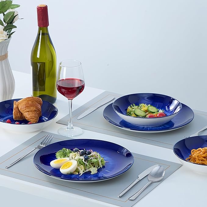 Bestone 12 Piece Round Kitchen Dinnerware SetsPlates and Bowls setsDishes Plates Bowls Dish SetPlates and BowlsService for 4 Chip Resistant Porcelain Starburst Turquoise Dark Blue
