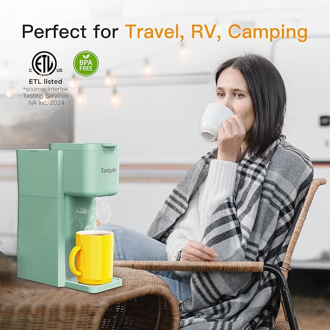 Mini Hot and Iced Coffee Maker Single Serve for K Cup and Ground 6 to 14 Oz Brew Sizes with Recipe Book for Home Travel RV Office and Dorm Mint