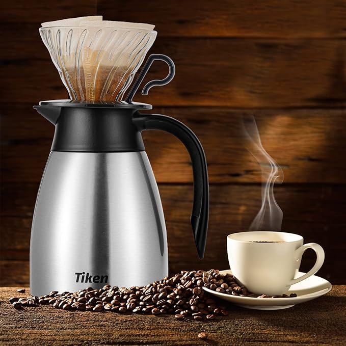 Tiken 34 Oz (1 L) Stainless Steel Thermal Coffee Carafe and French Press Coffee Maker Silver