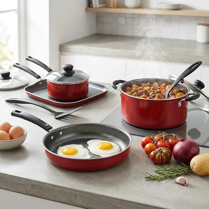 18-Piece Red Non-Stick Cookware Set Includes Multiple Pots Pans &amp Steamer Universal Stovetop Dishwasher Safe Lightweight Aluminum Kitchen Cookware