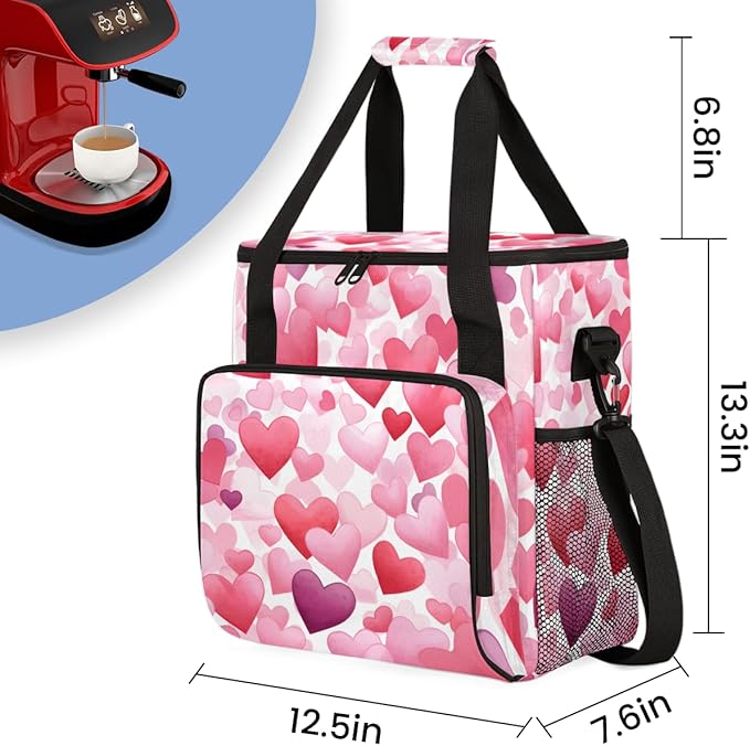 Light Pink Heart Coffee Maker Carrying Bag Portable Travel Storage Tote Bag Compatible with K-Mini or K-Mini Plus Single Serve Coffee Brewer Carrying Case with Multiple Pockets &amp Shoulder Strap