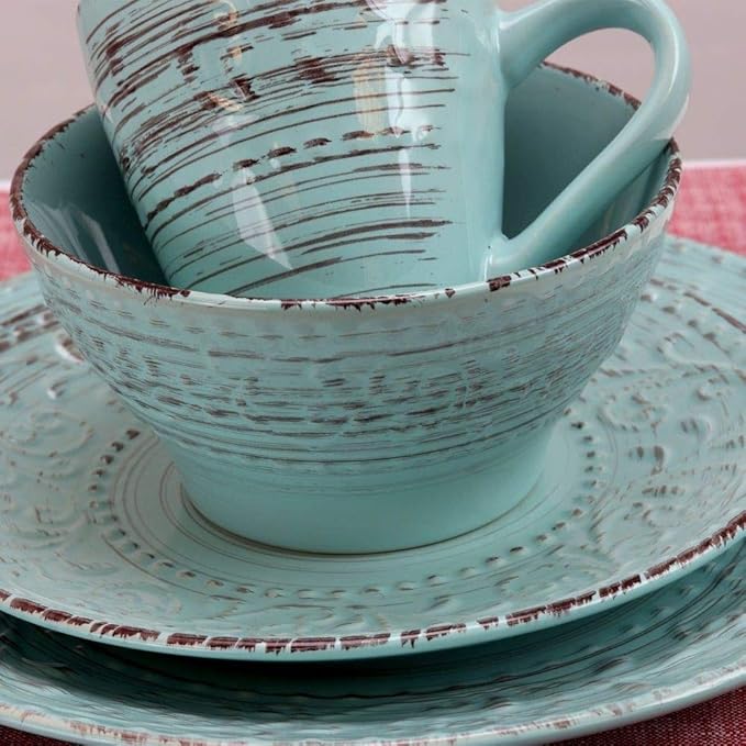 16 Piece Traditional Rustic All Seasons Durable Stoneware Farmhouse Dinnerware Set Dishwasher Safe Turquoise Subtle Swirl Pattern Round Dinner Plate Dessert Plates Bowls Mugs Dinnerware Set for 4