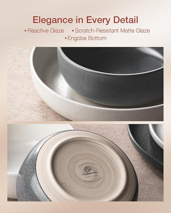 Famiware Milkyway Plates and Bowls Sets 12 Pieces Dinnerware Sets Reactive Glaze Dish Set Stoneware Dishes Set for 4 Matte Beige White &amp Matte Dark Charcoal