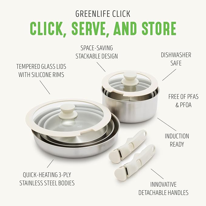 GreenLife 10 Piece Stainless Steel Pots and Pans Detachable &amp Stackable Kitchen Set Tri Ply Clad PFAS Free Cookware Space Saving with Removable Handle Induction &amp Oven Safe RV Cookware G