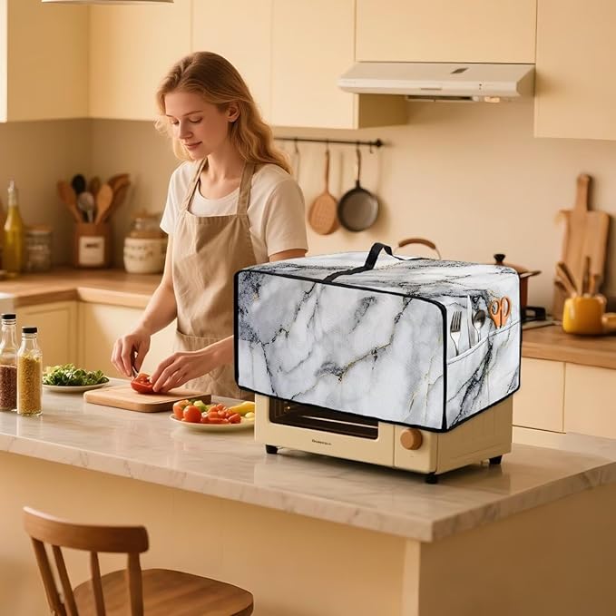 Doojoayie Marble Print Toaster Oven Cover 4 Slice Bread Machine Cover Universal Fit Small Appliance Dust Protector Simple Style Kitchen Decoration