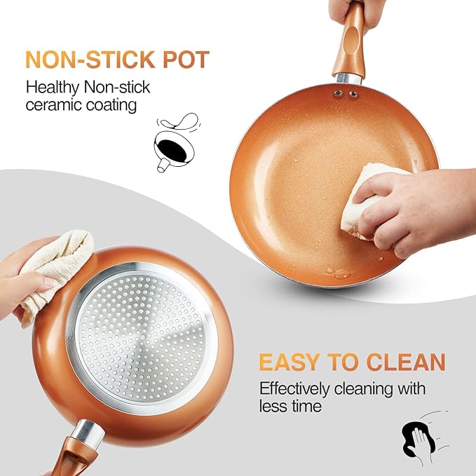 Pots and Pans Set Ultra Nonstick Pre-Installed 11pcs Cookware Set Copper with Ceramic Coating Stay cool handle &amp Nylon Kitchen Utensils Gas/Induction Compatible 100% PFOA Free