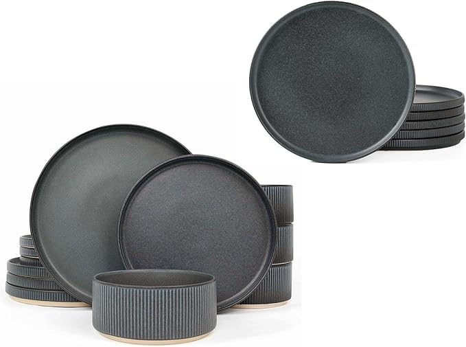 Famiware Dinnerware Set for 4 (12 Piece) and 10 Dinner Plates for 6 - Matte Dark Charcoal