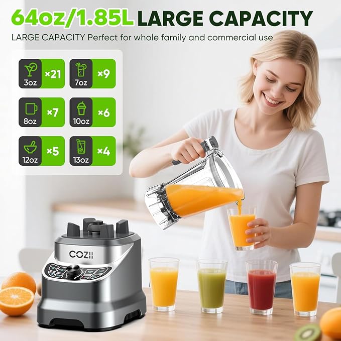 COZII Professional Blender 2000W Smoothie Countertop Blenders for Kitchen 64 Oz Pitcher/21-Oz To-go Cup 7 Preset Programs for Ice Crush/Frozen Drinks/Dips/Nut Butter High Speed Dishwasher Safe
