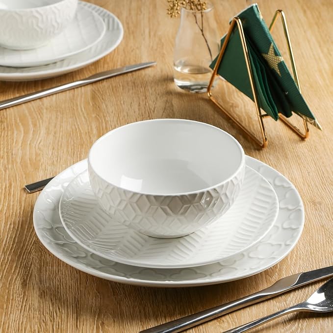 Sureasy Ceramic Dinnerware Sets for 8 24 Piece Embossed Plates and Bowls Sets Scratch Resistant Stoneware Dishes Set Dishwasher and Microwave Safe White
