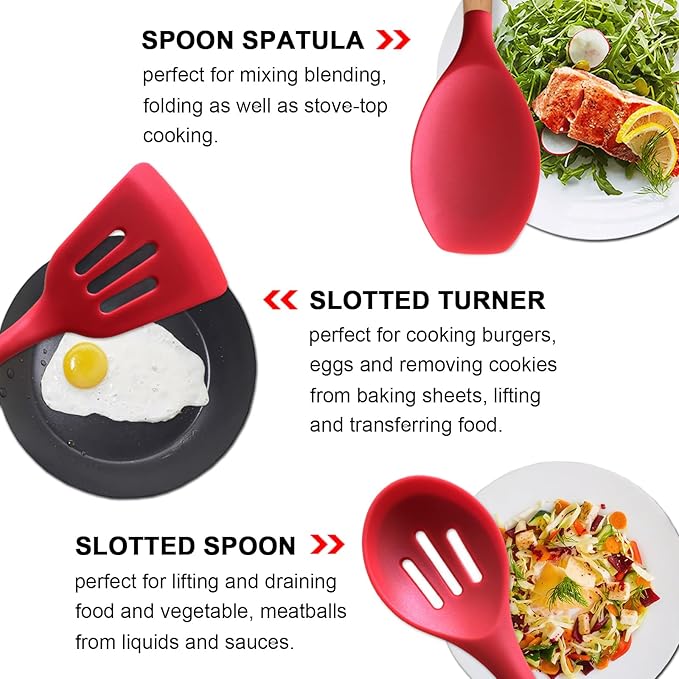 Silicone Cooking Utensils Set 5Pcs Non-Stick Silicone Kitchen Utensils for Cooking Heat Resistant Kitchen Gadgets Spatula Spoon Turner Set with Wooden Handles for Non-Stick Cookware BPA Free