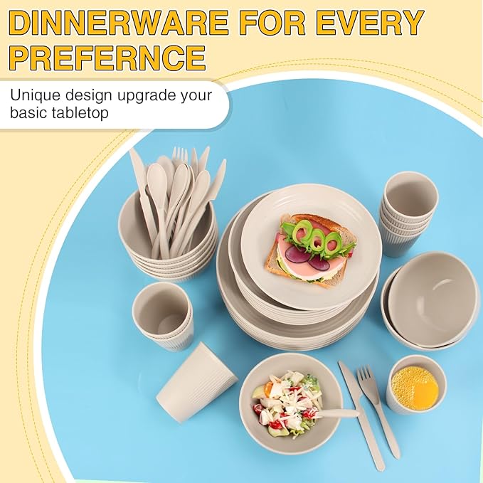 LAERJIN 56 Piece Wheat Straw Dinnerware SetsUnbreakable Reusable Dinnerware SetDishwasher &amp Microwave Safe Plates and Bowls Sets for Apartment Essentials Outdoor Camping Beige White