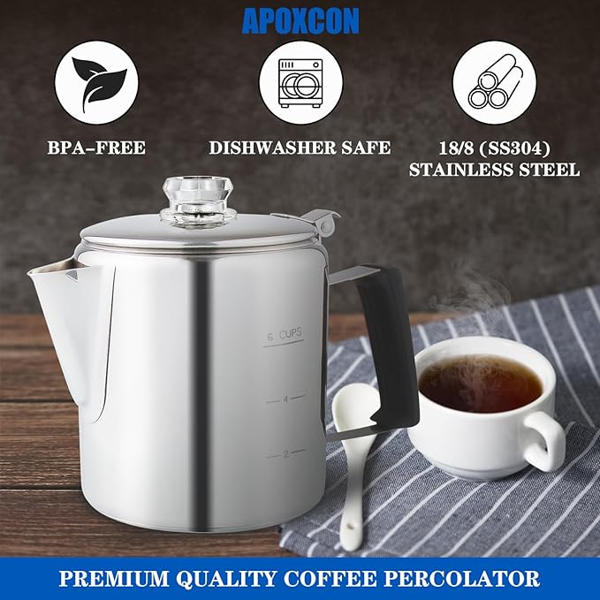 Multi Use Percolator Coffee Pot Stainless Steel Stove Top Coffee Maker with Two Tough Borosilicate Glass Knob Silica Handle Camping Coffee Pot Using on Campfire Stove &amp Induction Cooker Silver 6 C