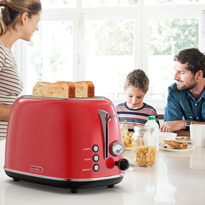 Toaster 2 sliceRetro Stainless Steel Toaster with 6 Settings 1.5 In Extra Wide Slots Bagel/Defrost/Cancel Function Removable Crumb Tray (Red)