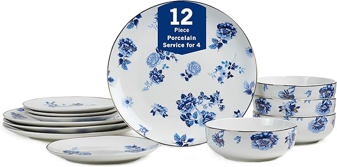 Stone Lain Viola 12-Piece Dinnerware Set Porcelain Plates and Bowls Set Dish Set for 4 Microwave and dishwasher Safe Blue