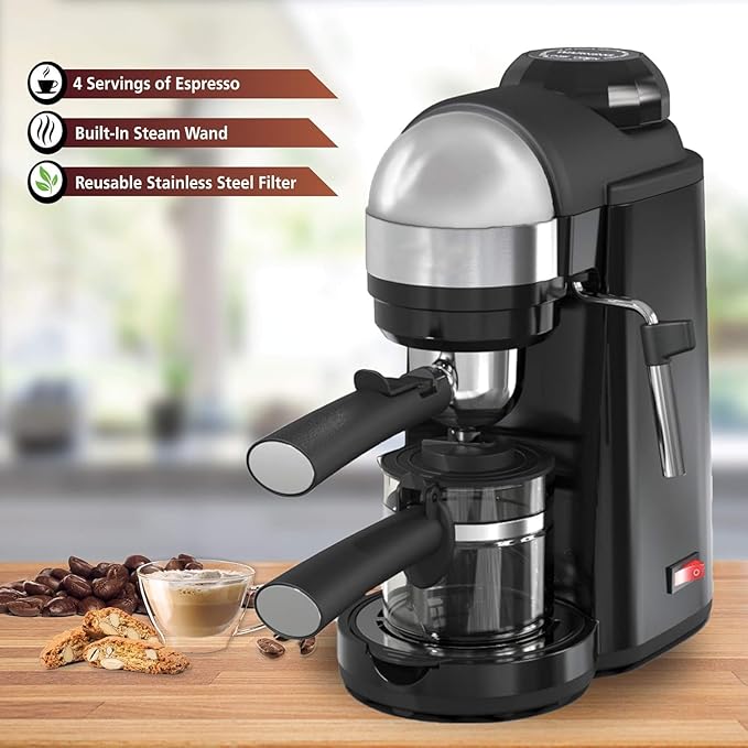 4 Cup Espresso and Cappuccino Maker with Steam Wand – Compact Coffee Machine with Milk Frother and Stainless Steel Filter Black