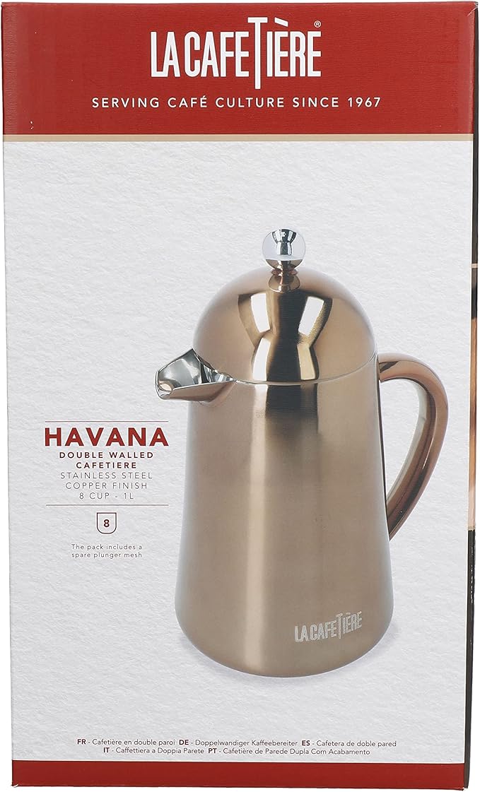 La Cafetière Havana Copper Stainless Steel Double Walled Cafetière Eight Cup Gift Boxed