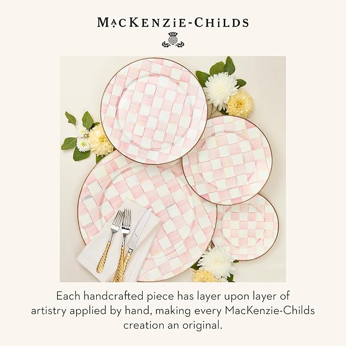 MACKENZIE-CHILDS Enamel Dinner Plate Decorative Dinnerware Plate 10 Inches Set of 4 Pink-and-White Rosy Check