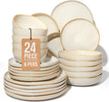 24 Pieces Dinnerware Set for 6 with Pasta Bowls Complete Ceramic Dish Set Stackable &amp Glossy Stoneware Plate and Bowl Set for Effortless Everyday Hosting Yellow White