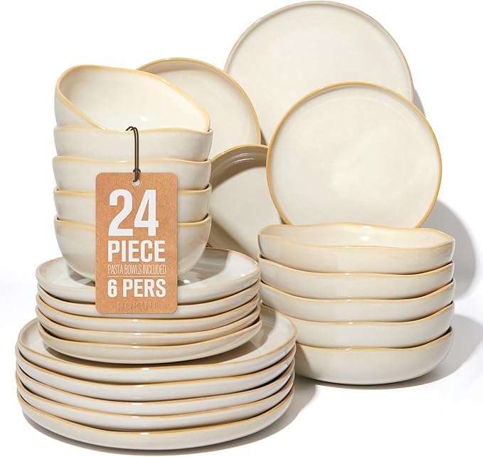 24 Pieces Dinnerware Set for 6 with Pasta Bowls Complete Ceramic Dish Set Stackable &amp Glossy Stoneware Plate and Bowl Set for Effortless Everyday Hosting Yellow White