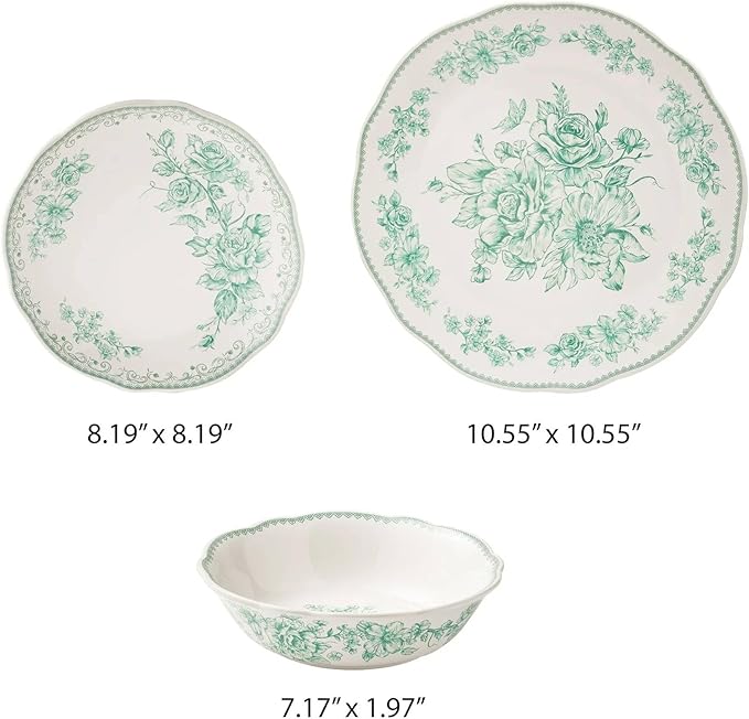 Agatha 12-Piece Stoneware Dinnerware Set – Service for 4 Rustic Farmhouse Plates &amp Bowls Vintage Floral Design Microwave &amp Dishwasher Safe (Green)