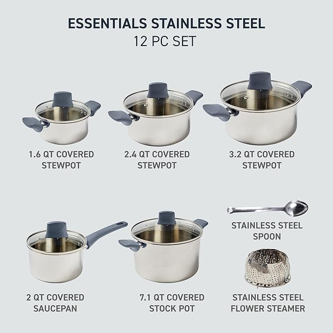 T-fal Essentials Stainless Steel Cookware Set 12 Piece Induction Compatible Oven Safe 350F Cooking Set w/Stewpots Stockpot Saucepan Lids &amp Tools Measuring Marks Dishwasher Safe Silver/Blu