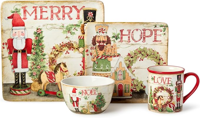 Nutcracker Parade Christmas 16 pc Dinnerware Set Service for 4 – Vintage Holiday Plates Mugs &amp Bowls – Santa Nutcracker Reindeer Art – Festive Tableware Service for 4